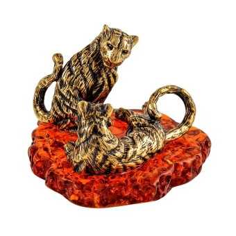 Сувенир тигр с тигрицей бронза, янтарь
